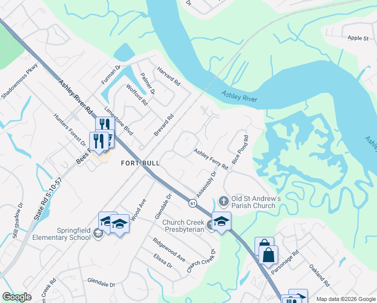 map of restaurants, bars, coffee shops, grocery stores, and more near 2805 Jobee Drive in Charleston
