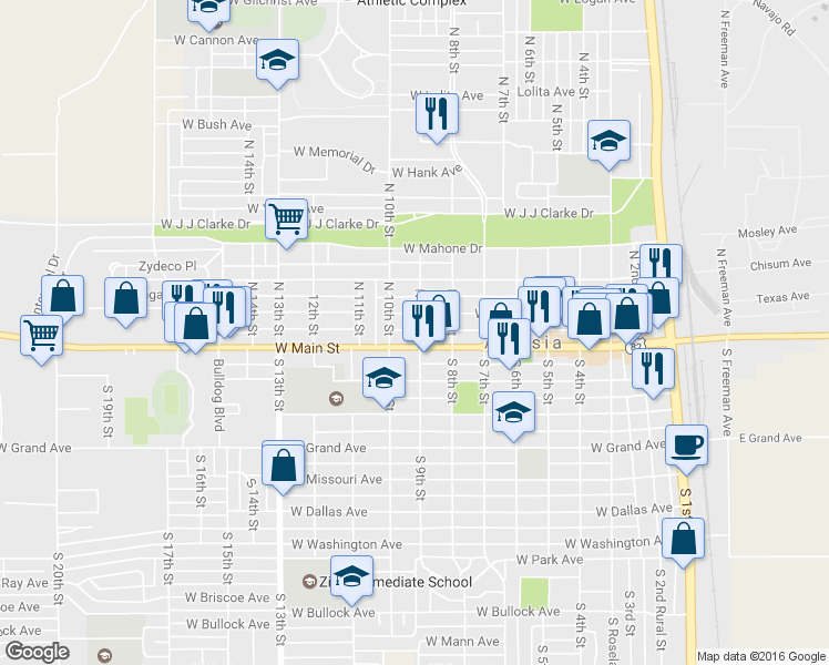 map of restaurants, bars, coffee shops, grocery stores, and more near 105 9th Street in Artesia