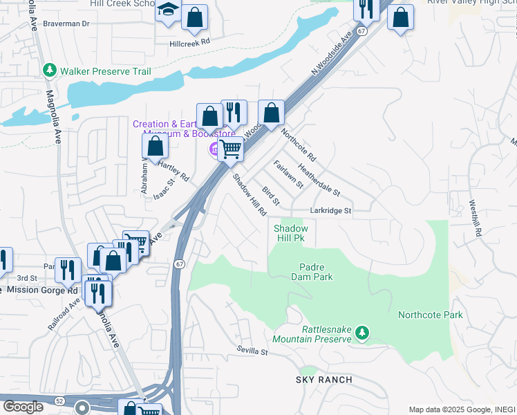 map of restaurants, bars, coffee shops, grocery stores, and more near Shadow Hill Road in Santee
