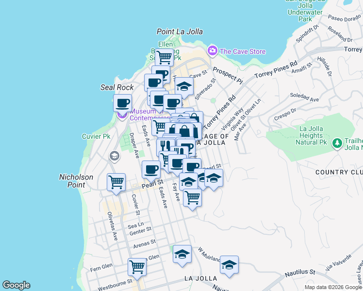 map of restaurants, bars, coffee shops, grocery stores, and more near 7611 Girard Avenue in San Diego