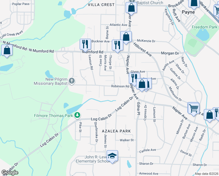 map of restaurants, bars, coffee shops, grocery stores, and more near 3890 Robinson Road in Macon