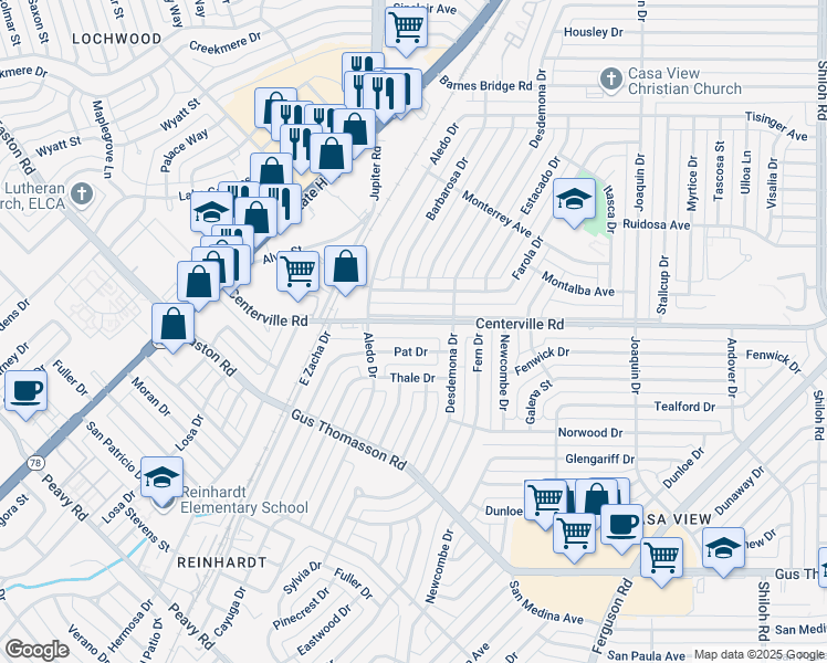 map of restaurants, bars, coffee shops, grocery stores, and more near 1803 Pat Drive in Dallas