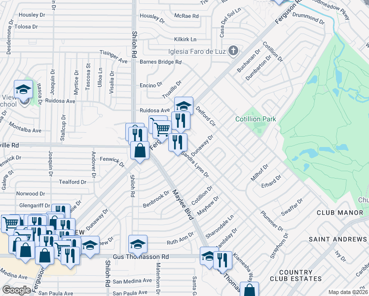 map of restaurants, bars, coffee shops, grocery stores, and more near 10514 Sandra Lynn Drive in Dallas