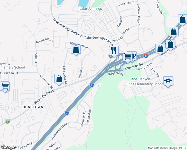 map of restaurants, bars, coffee shops, grocery stores, and more near 13801 Pinkard Way in El Cajon