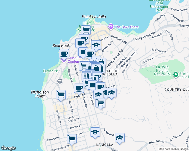 map of restaurants, bars, coffee shops, grocery stores, and more near 7611 Girard Avenue in San Diego