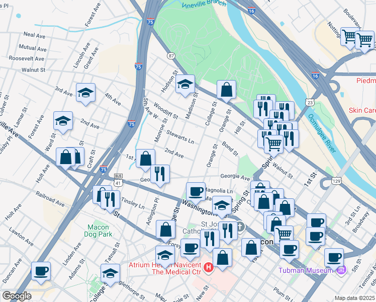 map of restaurants, bars, coffee shops, grocery stores, and more near 347 College Street in Macon