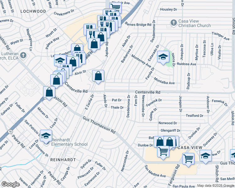 map of restaurants, bars, coffee shops, grocery stores, and more near 1803 Pat Drive in Dallas
