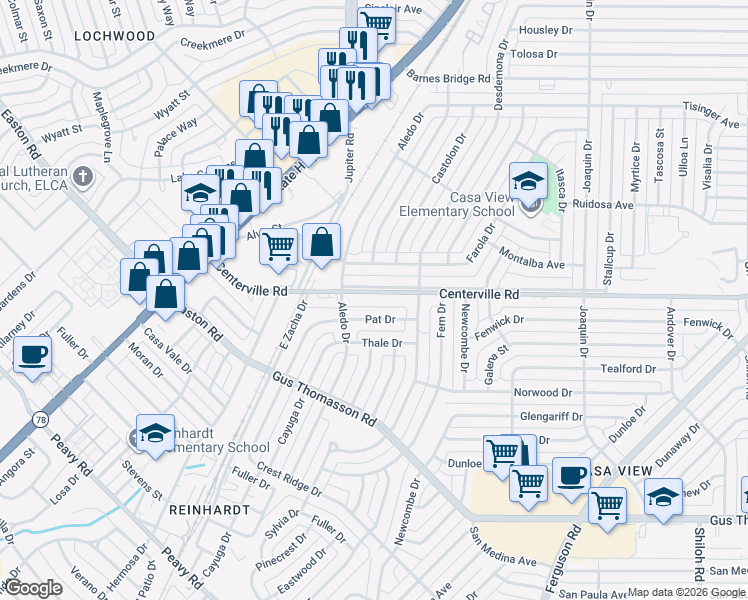 map of restaurants, bars, coffee shops, grocery stores, and more near 1627 Pat Drive in Dallas