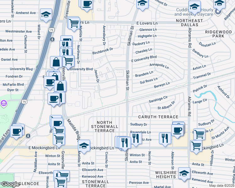 map of restaurants, bars, coffee shops, grocery stores, and more near 4670 Amesbury Drive in Dallas