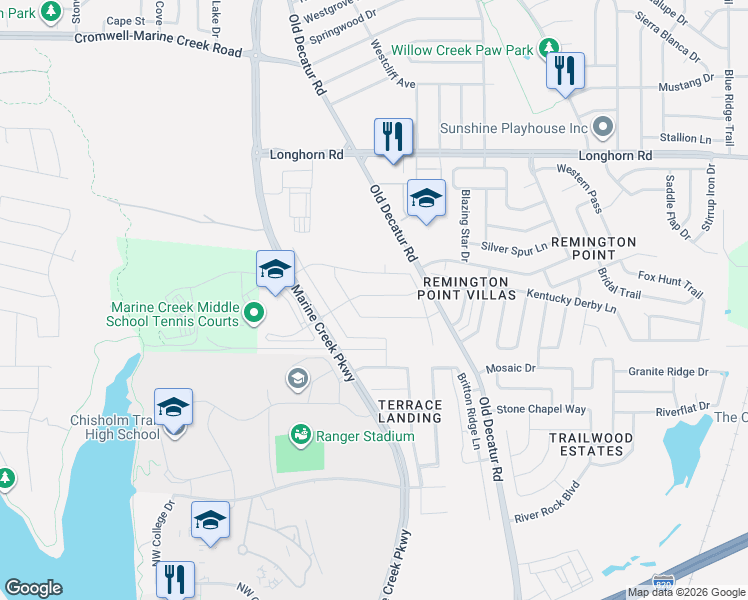 map of restaurants, bars, coffee shops, grocery stores, and more near 1253 Goodland Terrace in Fort Worth