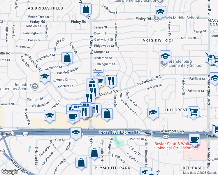 map of restaurants, bars, coffee shops, grocery stores, and more near 2121 West Rochelle Road in Irving