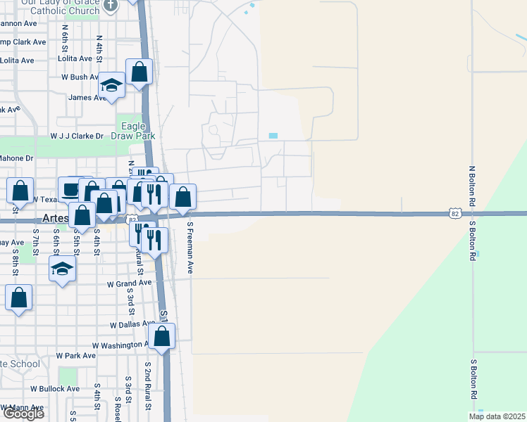 map of restaurants, bars, coffee shops, grocery stores, and more near 500-608 East Main Street in Artesia