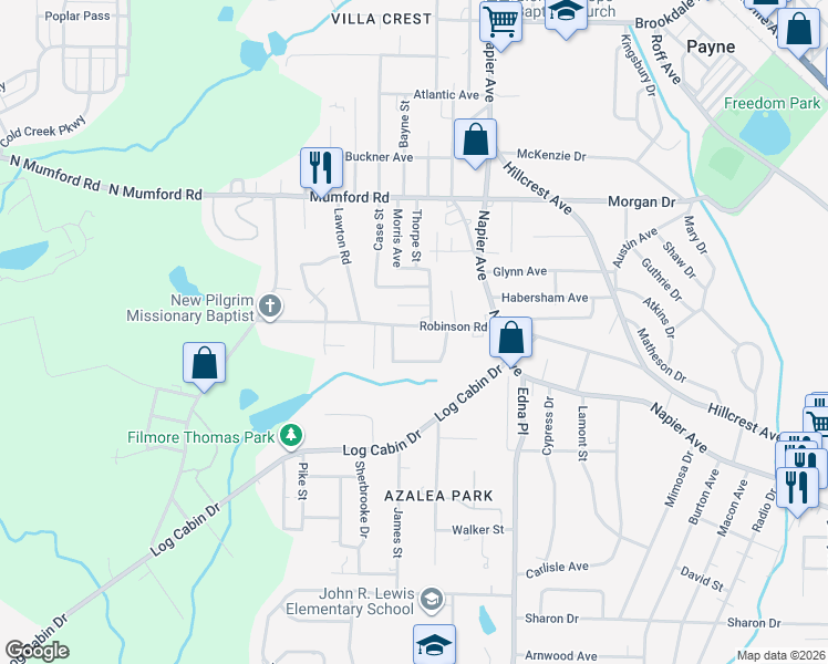 map of restaurants, bars, coffee shops, grocery stores, and more near 3890 Robinson Road in Macon