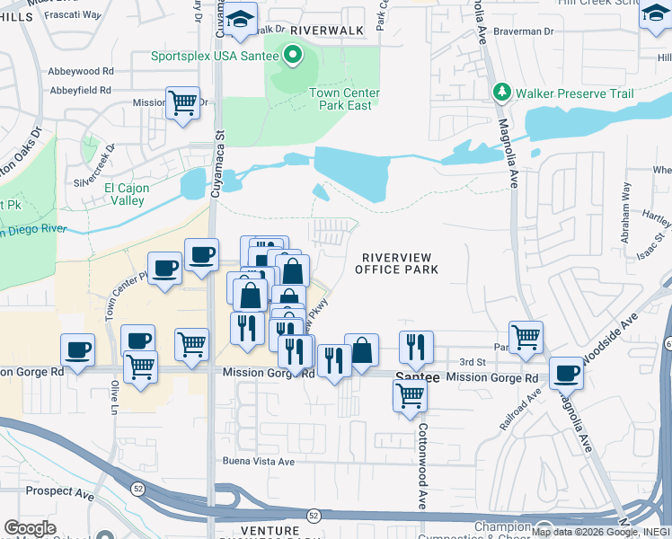 map of restaurants, bars, coffee shops, grocery stores, and more near 240 Riverview Parkway in Santee