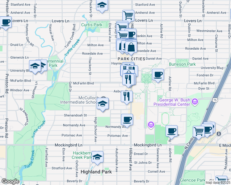 map of restaurants, bars, coffee shops, grocery stores, and more near 3443 Asbury Street in Dallas