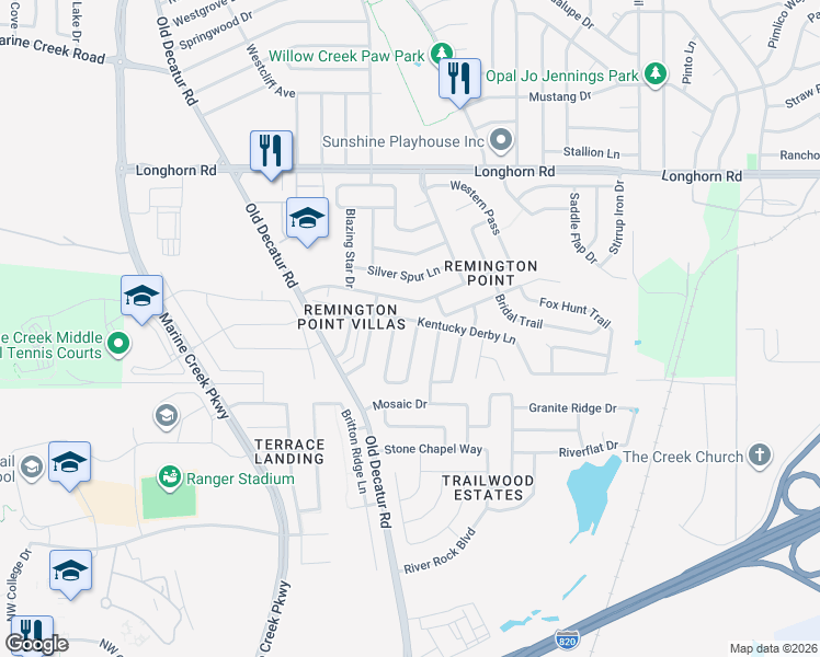 map of restaurants, bars, coffee shops, grocery stores, and more near 5821 Downs Drive in Fort Worth