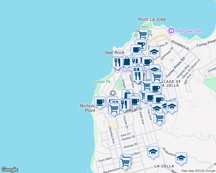 map of restaurants, bars, coffee shops, grocery stores, and more near 464 Prospect Street in San Diego