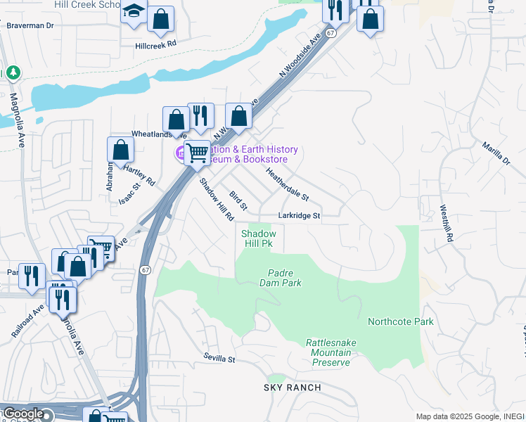 map of restaurants, bars, coffee shops, grocery stores, and more near 11002 Larkridge Street in Santee