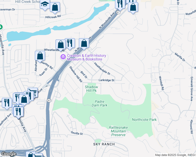 map of restaurants, bars, coffee shops, grocery stores, and more near 11027 Larkridge Street in Santee