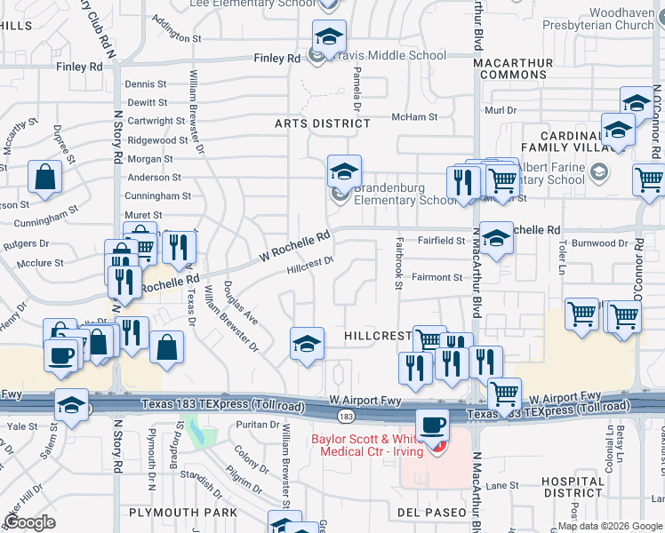 map of restaurants, bars, coffee shops, grocery stores, and more near 1417 Atlanta Drive in Irving