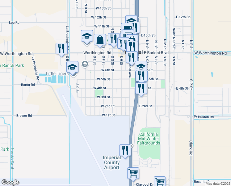 map of restaurants, bars, coffee shops, grocery stores, and more near 215 West 3rd Street in Imperial