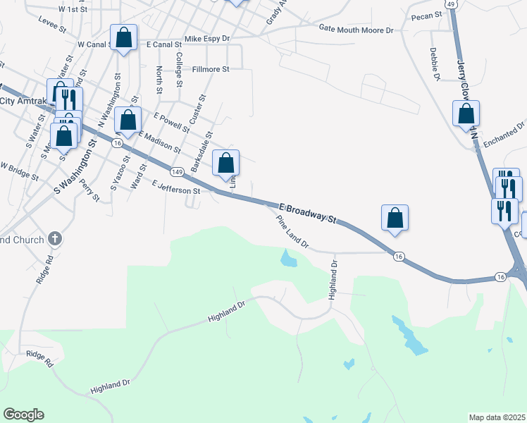 map of restaurants, bars, coffee shops, grocery stores, and more near 822 East Broadway Street in Yazoo City