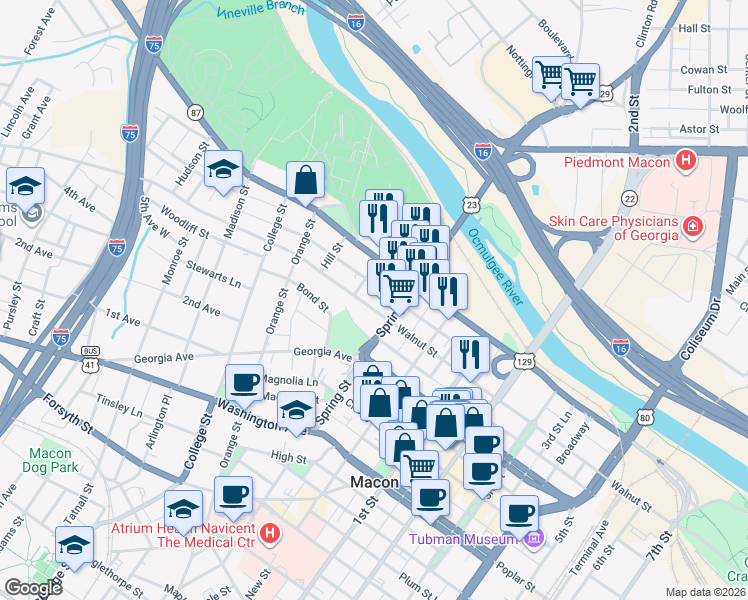 map of restaurants, bars, coffee shops, grocery stores, and more near 962 Walnut Street in Macon