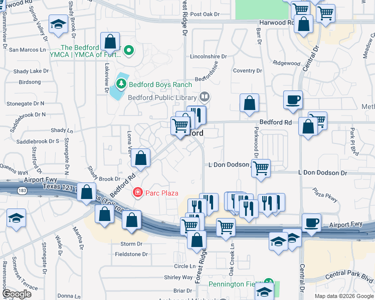 map of restaurants, bars, coffee shops, grocery stores, and more near 1552 Forest Park Circle in Bedford