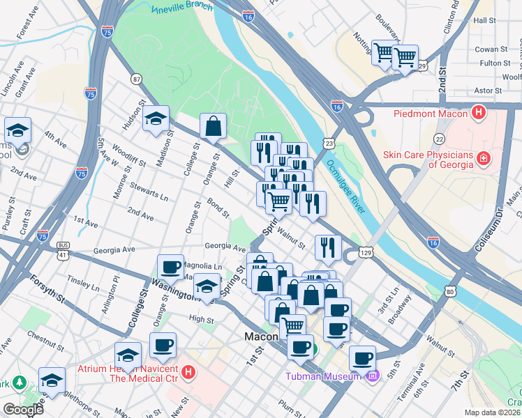 map of restaurants, bars, coffee shops, grocery stores, and more near 962 Walnut Street in Macon