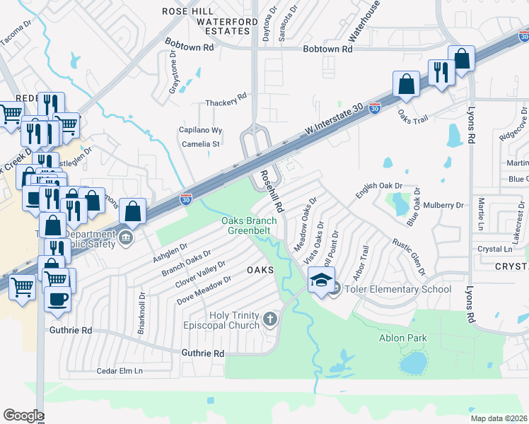 map of restaurants, bars, coffee shops, grocery stores, and more near 5806 Robinglen Drive in Garland