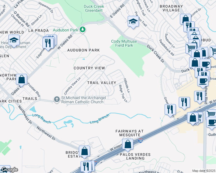 map of restaurants, bars, coffee shops, grocery stores, and more near 6009 Ozark Trail Lane in Garland