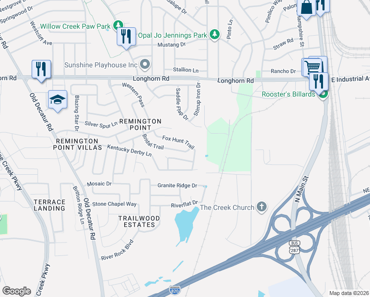 map of restaurants, bars, coffee shops, grocery stores, and more near 5817 Bridal Trail in Fort Worth