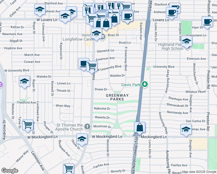 map of restaurants, bars, coffee shops, grocery stores, and more near 5359 Drane Drive in Dallas