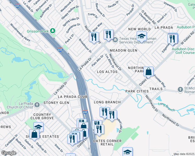 map of restaurants, bars, coffee shops, grocery stores, and more near 6425 Los Rios Drive in Mesquite