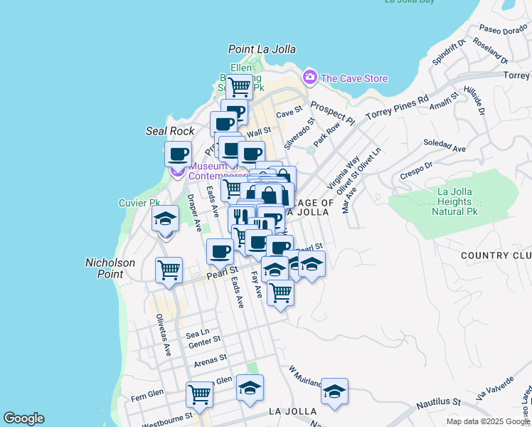 map of restaurants, bars, coffee shops, grocery stores, and more near 7611 Girard Avenue in San Diego