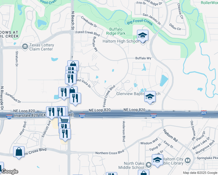map of restaurants, bars, coffee shops, grocery stores, and more near 5350 Fossil Creek Boulevard in Haltom City
