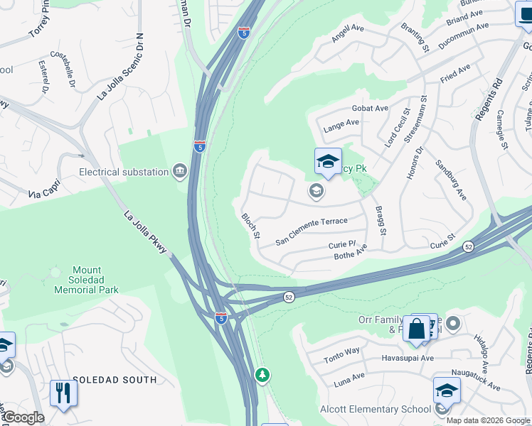 map of restaurants, bars, coffee shops, grocery stores, and more near 5444 Barkla Street in San Diego