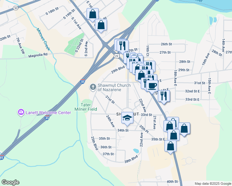 map of restaurants, bars, coffee shops, grocery stores, and more near 3010 24th Avenue in Valley
