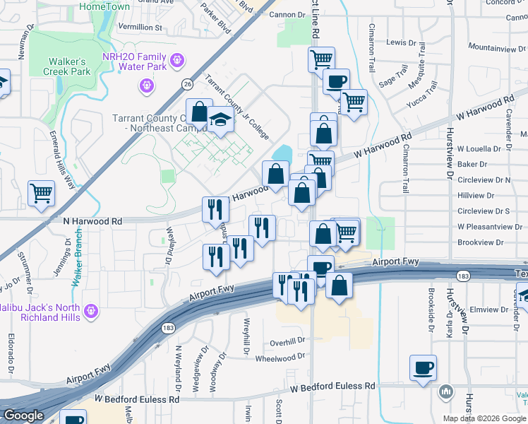 map of restaurants, bars, coffee shops, grocery stores, and more near 827 West Harwood Road in Hurst