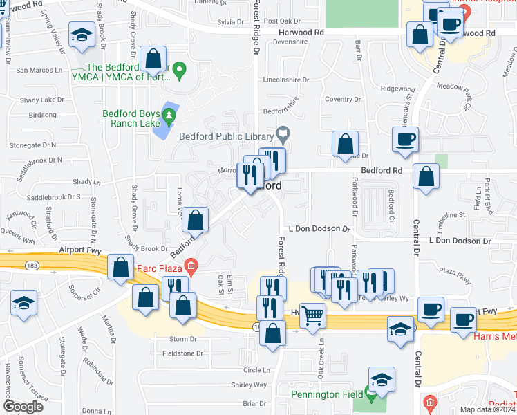 map of restaurants, bars, coffee shops, grocery stores, and more near 1557 Forest Park Circle in Bedford