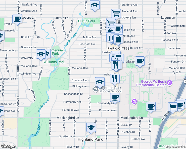 map of restaurants, bars, coffee shops, grocery stores, and more near 3601 Asbury Street in Dallas