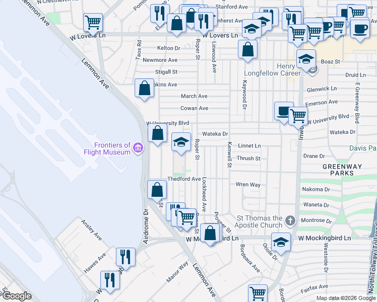 map of restaurants, bars, coffee shops, grocery stores, and more near 6920 Victoria Avenue in Dallas