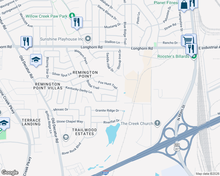 map of restaurants, bars, coffee shops, grocery stores, and more near 5820 Bridal Trail in Fort Worth