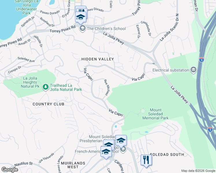map of restaurants, bars, coffee shops, grocery stores, and more near 7276 Rue Michael in San Diego