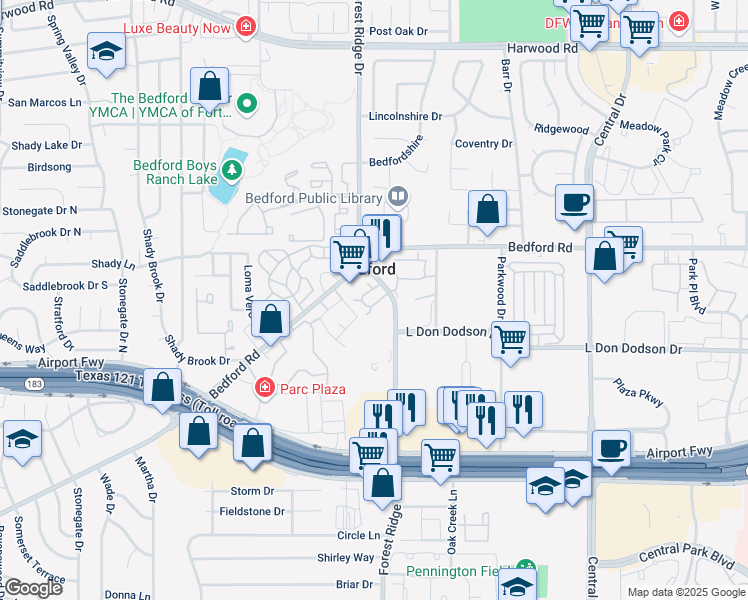 map of restaurants, bars, coffee shops, grocery stores, and more near 1516 Forest Park Circle in Bedford