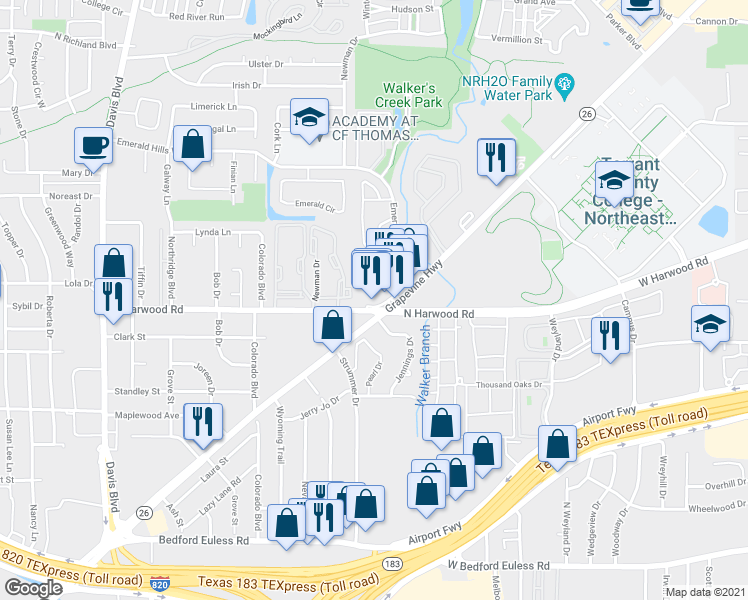 map of restaurants, bars, coffee shops, grocery stores, and more near 8405 Harwood Road in North Richland Hills