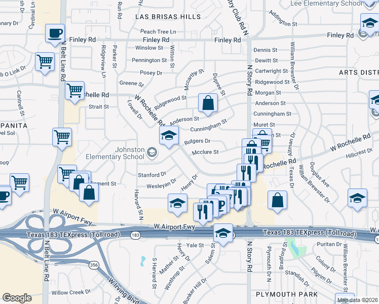 map of restaurants, bars, coffee shops, grocery stores, and more near 2553 West Rochelle Road in Irving