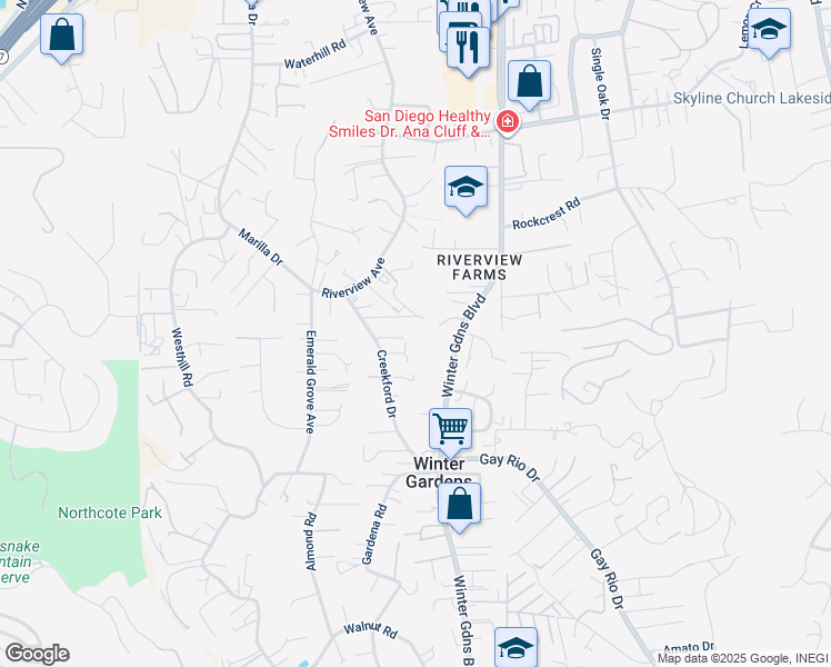 map of restaurants, bars, coffee shops, grocery stores, and more near 9121 Creekford Drive in Lakeside