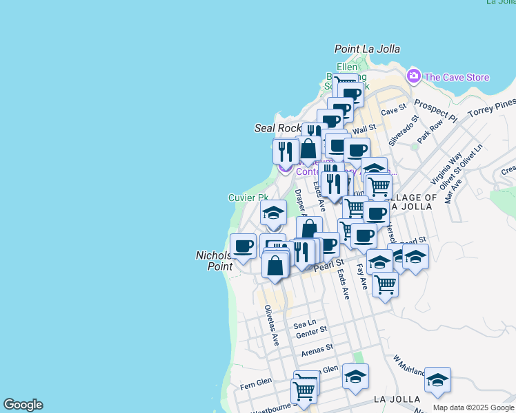 map of restaurants, bars, coffee shops, grocery stores, and more near 418 Coast Boulevard South in San Diego