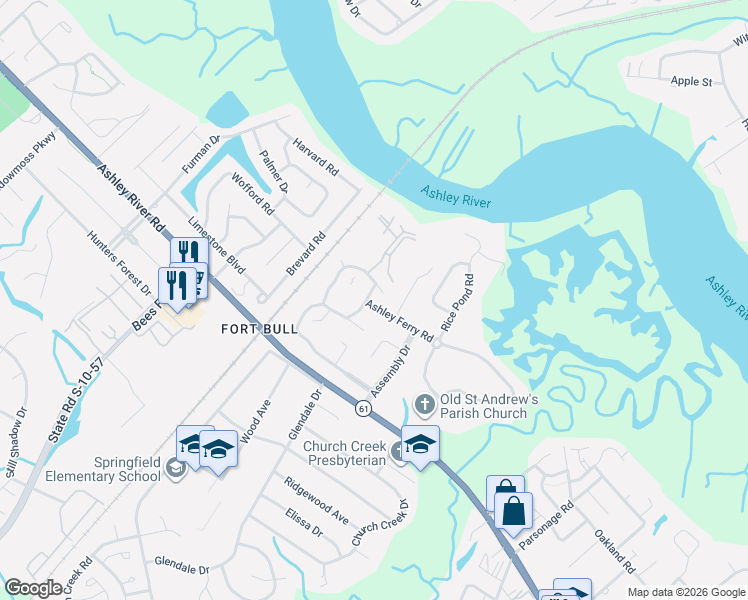 map of restaurants, bars, coffee shops, grocery stores, and more near 2805 Jobee Drive in Charleston